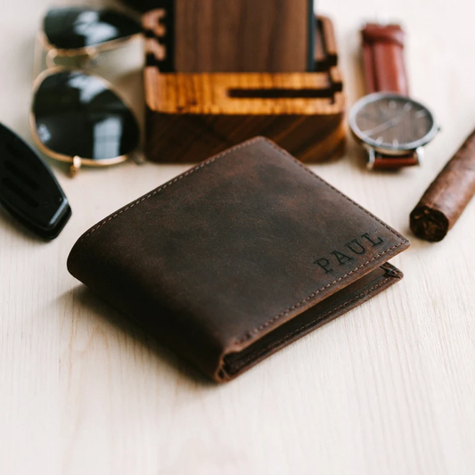 Gift Set for Men - Personalized Leather Wallet & Wood Pen